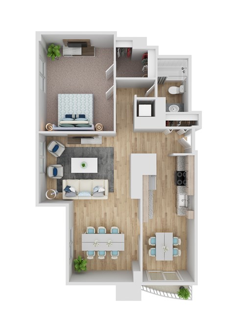 Floor plan for 1 bed, 1 bath, 949 sqft